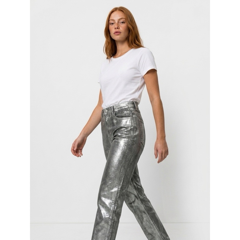 (10/b48)Mango MNG Women's Silver Metallic Coated Straight Leg Jeans Pant Size 6